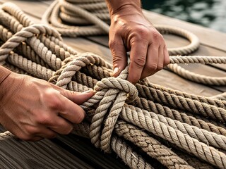 Hands meticulously tying a knot in a nautical rope on wooden surface