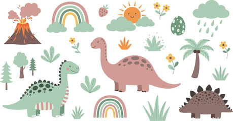 Cute Dinosaur Vector Illustration Set with T Rex, Stegosaurus, Volcano, Rainbow, Sun, Clouds and Prehistoric Nature Elements © munzuara