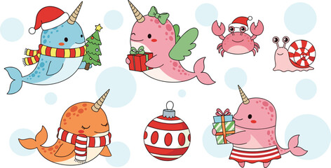 Cute Christmas Narwhal Vector Illustration Set with Santa Hat, Gifts, Scarf, Ornament and Festive Sea Characters © munzuara