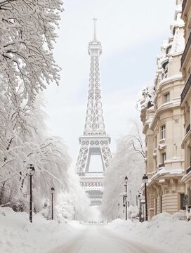 Eiffel tower standing tall in snow-covered paris street