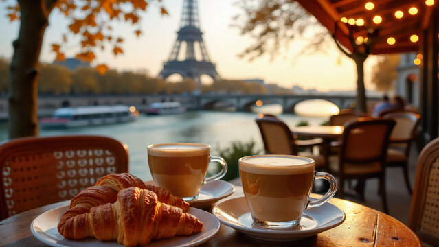 Close-up of croissants with coffee against the backdrop of autumn Paris. Created using generative AI tools