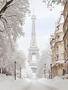 Eiffel tower standing tall in snow-covered paris street