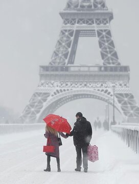 Tourists walking under red umbrella in front of eiffel tower during snowfall