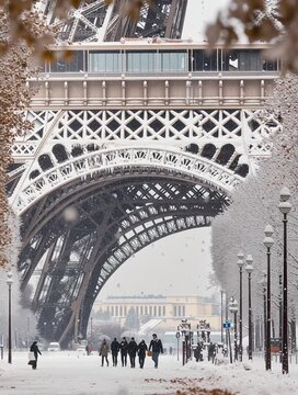 Romantic couple walking under eiffel tower in winter snow