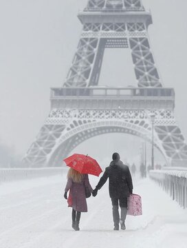 Tourists walking under red umbrella in front of eiffel tower during snowfall