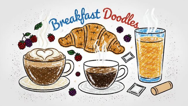 Freshly Brewed Coffee and Croissant Breakfast Doodle Animation Loop
