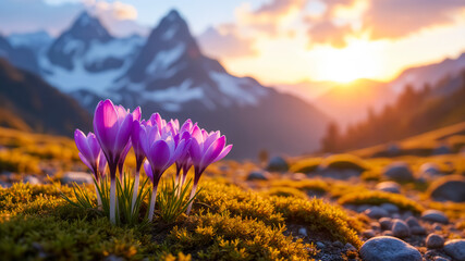 Fresh spring crocuses blooming against the background of snowy mountains. Created using generative AI tools