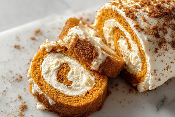 Delicious pumpkin roll cake with cream cheese frosting sliced
