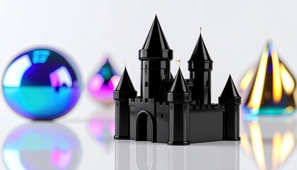Obraz premium A glossy black castle model with geometric objects in the background, set on a reflective surface
