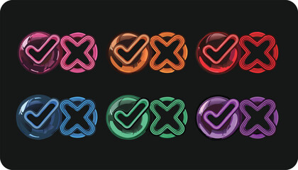 Glossy Check Mark and Cross with Neon Glow in Various Colors on Dark Background