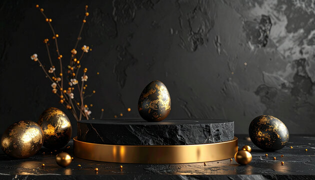 Luxury Easter Podium with Golden Eggs on Dark Minimal Scene with Spotlight
