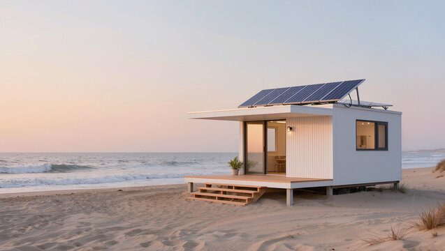 Modern tiny home with solar panels on sandy beach, ocean view, sustainable living