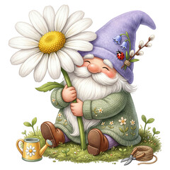 Charming whimsical garden gnome with white beard and purple hat sits on grass hugging a large daisy, surrounded by a watering can, ladybug, pussy willow, twine and garden shears