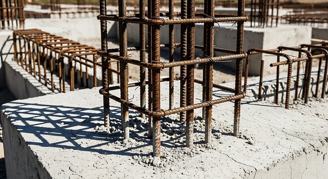 Reinforced concrete foundation beams with metal reinforcement cages forms