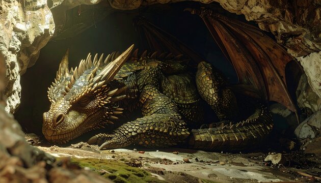 Majestic dragon resting peacefully in its lair, a scene of fantasy and wonder.