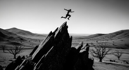 Silhouette of a person jumping off a mountain peak in a vast landscape.