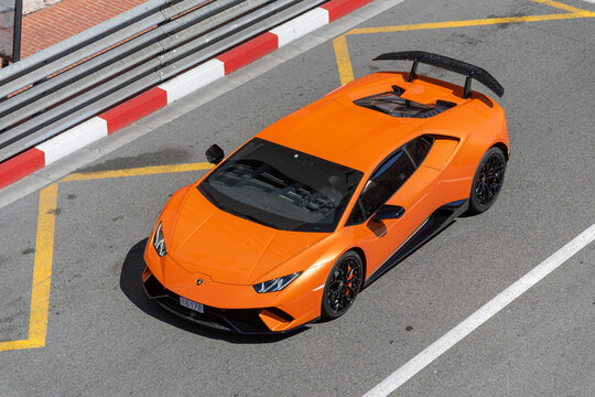 Monte Carlo, Monaco - May 30th 2019 : View on an orange Lamborghini Hurac&aacute;n Performante driving on the road in the Fairmont Hairpin.