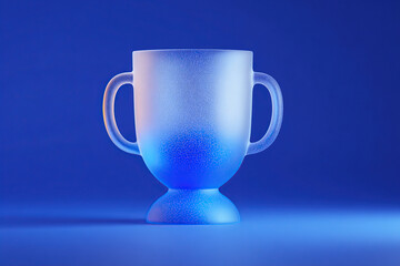 Glowing blue trophy cup with handles on blue background