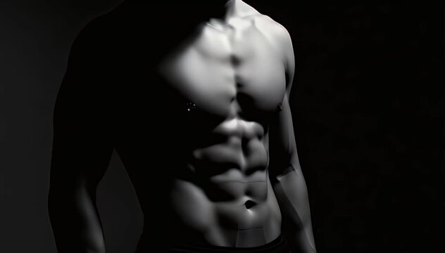Close-up view of a chiseled male torso, featuring prominent six-pack abs and muscular definition, presented in a dramatic, dark monochrome artistic style.
