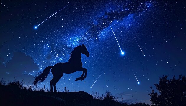 Majestic Horse Silhouette Under a Starry Night Sky with Shooting Stars.