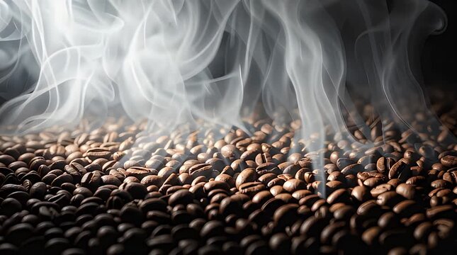 Aromatic dark roasted coffee beans releasing fragrant steam upwards creating an intense sensory experience for morning energy and flavor.