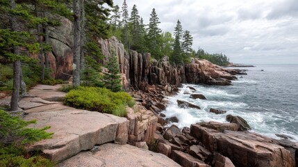 Rocky shoreline features rugged pink granite cliffs meeting dynamic ocean waves under an overcast sky