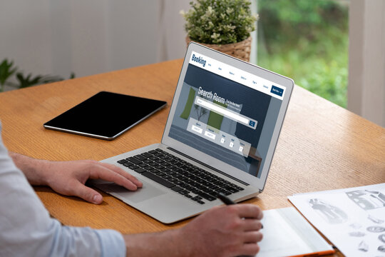 Online hotel accommodation booking website provide brisk reservation system . Travel technology concept .