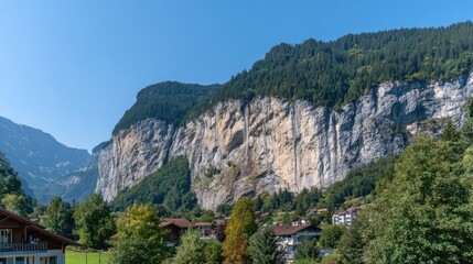 Obraz premium Towering granite cliffs rise dramatically above a small village nestled in a deep valley under a clear blue sky