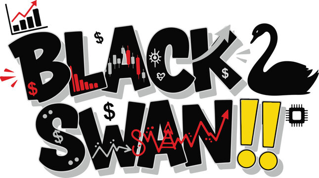Black Swan Economy Typography with Stock Market Charts, Financial Crisis Indicators, and Global Trade Icons on White Background for Business Strategy and Market Prediction Graphic