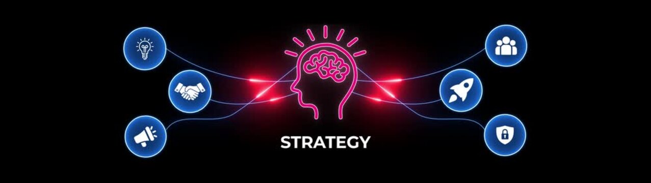 Business strategy concept with glowing neon brain and representing ideas teamwork communication security and growth on black background