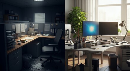 Fototapeta premium Workspace stress split: left dark messy cubicle; right bright ergonomic desk with plant and organized tools