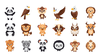 Fototapeta premium Extensive collection of eighteen adorable cartoon animal faces including pandas, lions, monkeys, and wise owls.