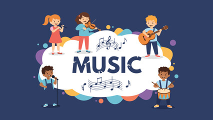 Fototapeta premium Diverse group of children performing music with various instruments like guitar, violin, and drums while singing on a stage with a band.
