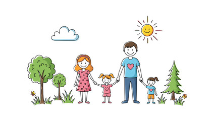 Fototapeta premium Happy family with parents and two young daughters walking together in a sunny green park with trees, grass, and a smiling sun in the sky.