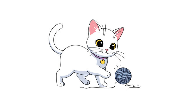 Adorable small white kitten with big dark eyes playing with a ball of blue yarn on a plain white background.
