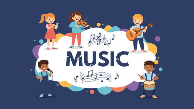 Diverse group of children performing music with various instruments like guitar, violin, and drums while singing on a stage with a band.