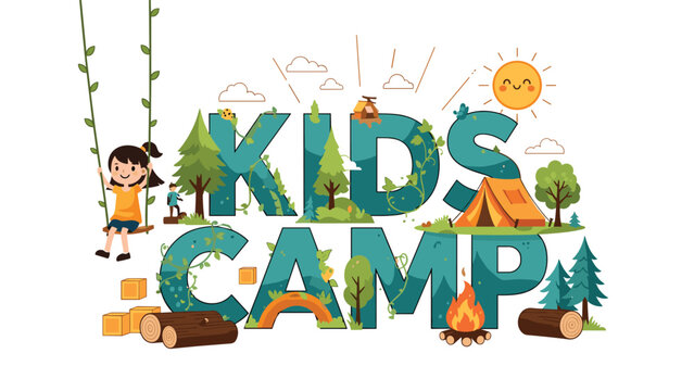 Creative logo for Kids Camp featuring large teal letters decorated with green trees, vines, orange tents, a bonfire, and a playing girl.