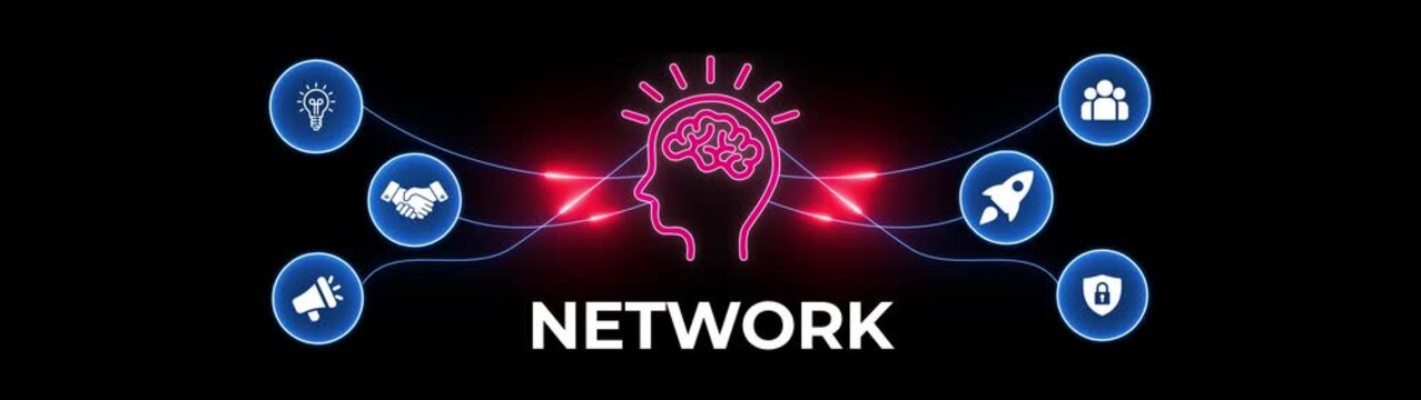 Network concept with glowing neon brain and representing communication, teamwork, security, and innovation on a black background