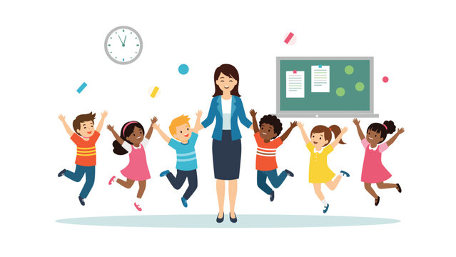 Energetic teacher stands with her diverse group of students who are jumping for joy in a bright and welcoming classroom interior.