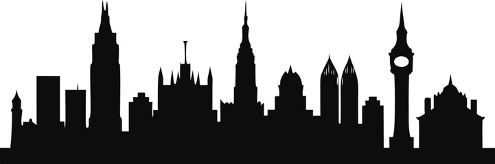  New York and London city skyline silhouettes with famous landmarks isolated on white background