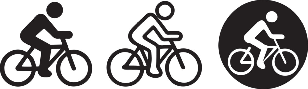 Three styles of a cyclist icon showing a person riding a bicycle