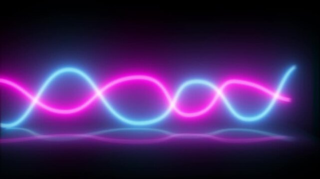 A neon fish symbol made of pink and blue lights on a black background