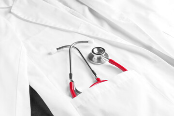Doctor's white coat with stethoscope on grey background, closeup