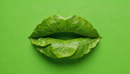Obraz premium Creative conceptual art featuring lips formed from fresh green leaves on a matching green background