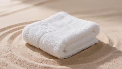 Fluffy white towel folded on textured sand with soft shadows, spa and relaxation concept
