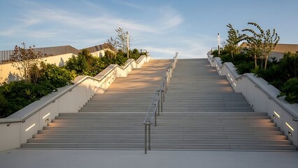 Wide angle view of modern outdoor stairs with garden on the sides