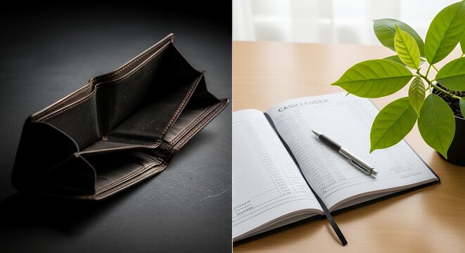 Cash flow crisis vs stability: left empty wallet; right organized cash ledger and growing plant symbolizing growth