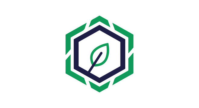 Logo with a leaf inside a hexagon on a white background.