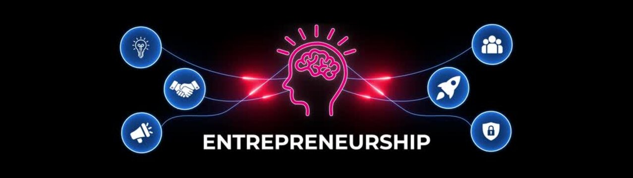 Entrepreneurship concept with glowing neon brain and representing business ideas, innovation, teamwork, security, marketing, and finance on a black background