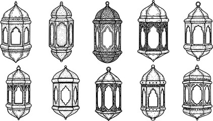 Fototapeta premium Black hand-drawn Ramadan lanterns set, featuring intricately detailed Arabic-style lanterns. Perfect for greeting card designs, Islamic festival celebrations, and Ramadan-themed decorations. 
